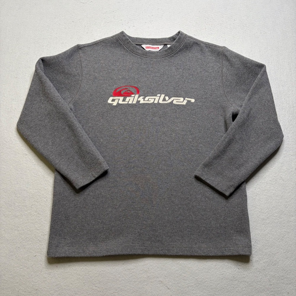 Quiksilver Thermal Shirt‎ Boys M 12-14 Grey Logo Embroidered Y2K Waffle Knit Top
